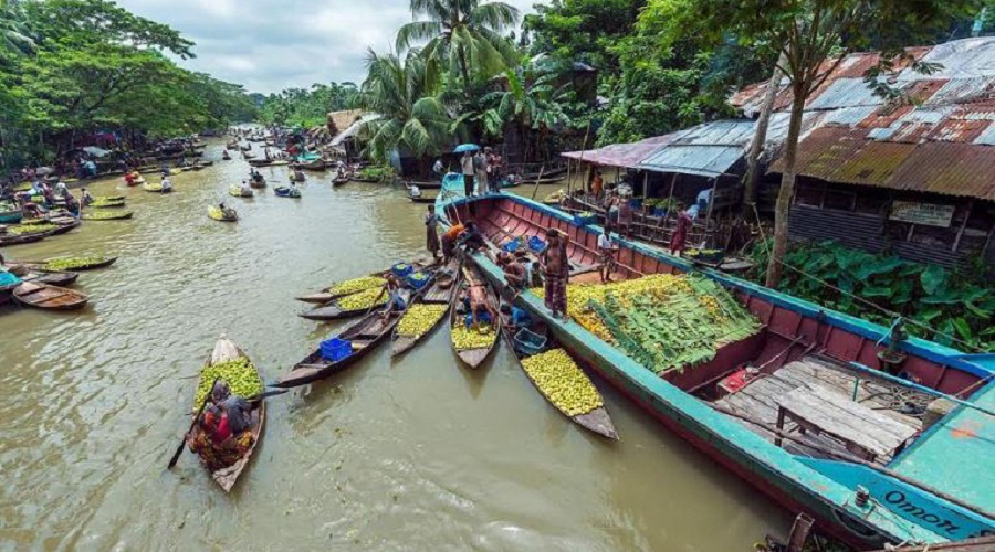 Floating commerce in motion: Local grower navigates  guava-laden dinghy through the crowded waterway of Jhalokathi’s famous floating market. (Photo: V7N)